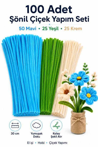 Organizasyon Pazarı 100 Adet Şönil Çiçek Yapım Seti 30 cm Mavi Yeşil Krem Tüy...