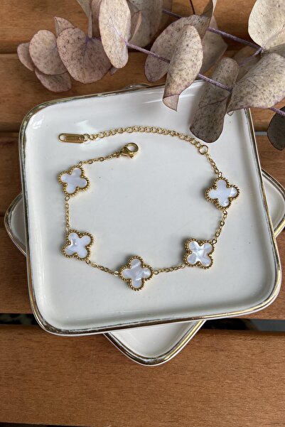 My Joyas Design Steel White Pearlescent Clover Bracelet Gold