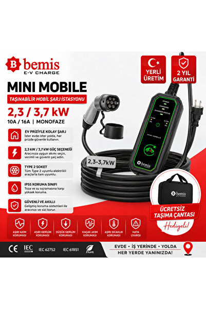 Mini Mobile 3,7 kW Taşınabilir Elektrikli Araç Şarj İstasyonu Type 2 16A Ev Prizi Uyumlu