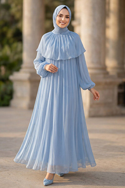 N.S NEVA STYLE Cape Detailed Gathered Janjan Chiffon Baby Blue Hijab Evening ...