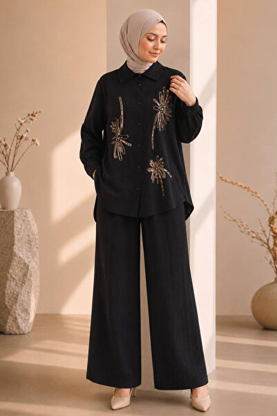 Neva Style Çiçek Nakışlı Zara Saten Siyah Tesettür İkili Takım 15695S