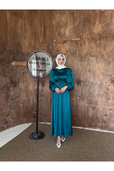 Aranlı tekstil Balon Sleeve Satin Hijab Oversize Hijab Dress with Piping and ...