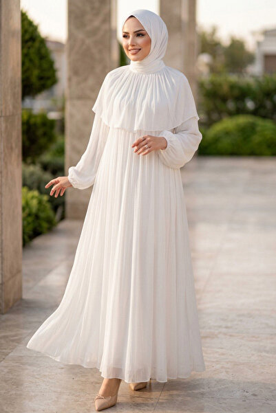 N.S NEVA STYLE Cape Detailed Gathered Janjan Chiffon White Hijab Evening Dres...