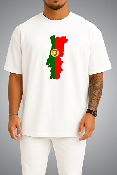 Bahriyeli Collection Oversize Portugal Flag and Map Chest Printed Unisex T-Shirt
