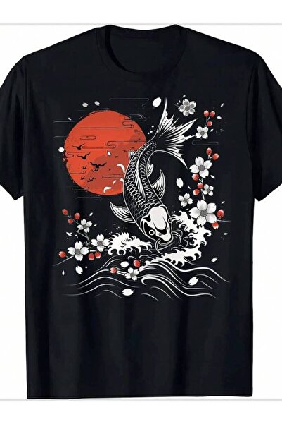 k222 Cherry Blossom Koi Carp Fish Japanese Sakura Graphic Art T-Shirt O-Neck ...