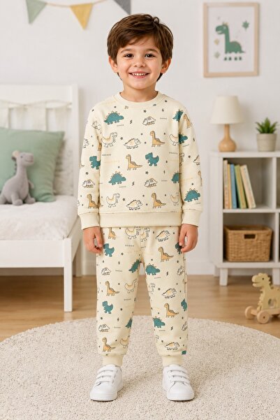 monox Unisex Dinosaur Printed 3 Thread Set with Fleece Inside (Fleece Inside)