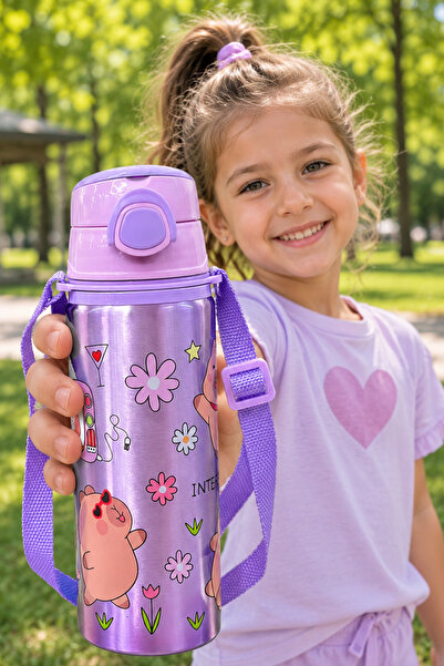 M&B WATER BOTTLE Metal Kapibara Motifli Pipetli Çocuk Matarası - 600 ML Kilit...