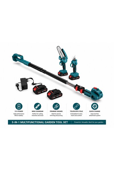 kraftech KRAFFTEC Set de unelte de grădină fără fir 3-în-1, Mini-drujbă de 21V, Foarfecă de tăiat crengi, Drujbă cu tijă telescopică, 4 Baterii, Încărcător