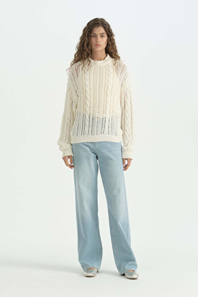 Nihan Oversize Knitted Detailed Cotton Tunic - Cream