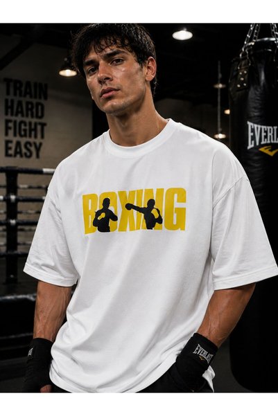 Oversize Unisex Boxing Baskılı Premium Spor Tişört Pamuklu Active Fit Fitness Günlük Kullanım