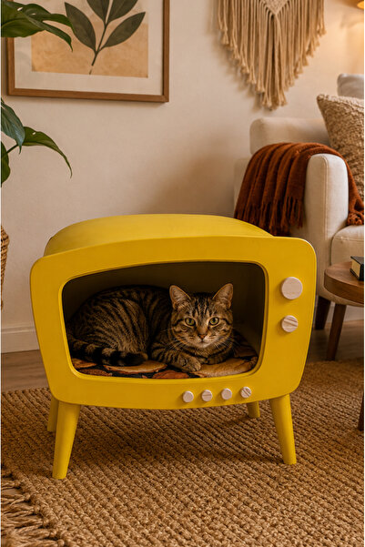 El Yapımı Ahşap Dekoratif TV Görünümlü Kedi Evi | Retro Tasarı Traffic Yellow