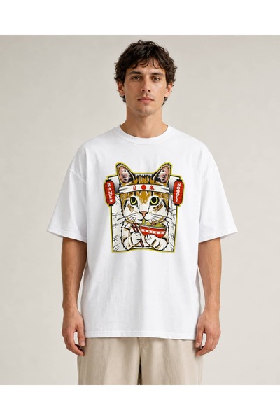 CANMODA White Oversize Japanese Ramen Cat Anime Printed 100% Cotton T-Shirt