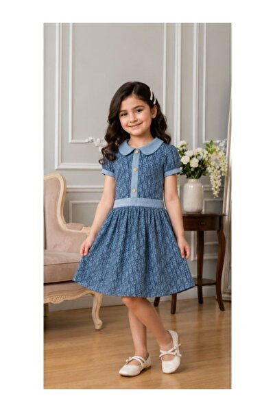 NO BRAND Girls' Dress Elegant Short Sleeve Dress with Classic Collar