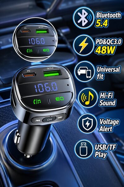 Generic 1 Bluetooth 54 Car FM Transmitter Charger PD QC30 LED Voltage Display...