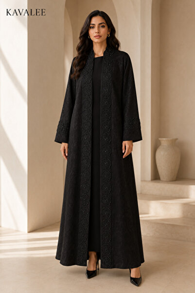 KAVALEE Women’s Black Open Abaya Coat with Floral Bead Embellishment