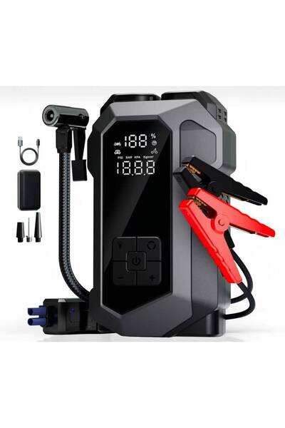 KİMMEER PLUS Akü Takviyeli Hava Pompası & Jump Starter 16000mAh Powerbank – Ç...