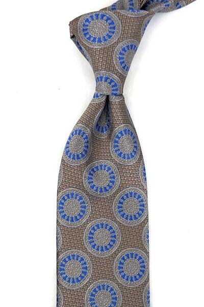 Kravatkolik Beige Blue Motif Pattern Classic Tie with Handkerchief Kk13973