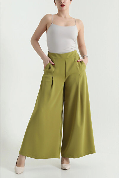 VıoShıne Pantaloni de damă cu picior larg, din crep Tencel, cu buzunare cu fe...