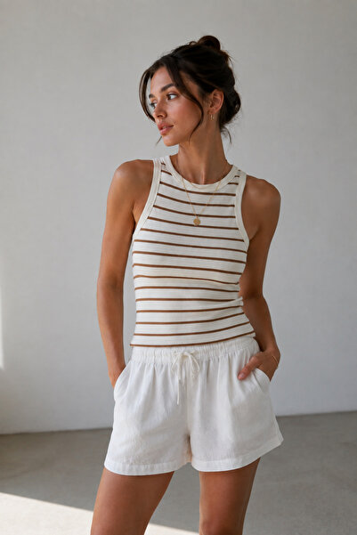 WILD BEE Women's Beige Striped Camisole Zero Sleeve Crew Neck Cotton Undershirt