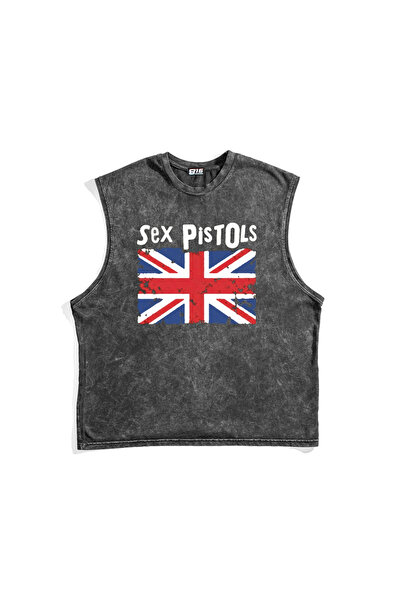 Sekizbiraltı Sex Pistols U.K. Baskılı Yıkamalı Siyah Sıfır Kol Tshirt