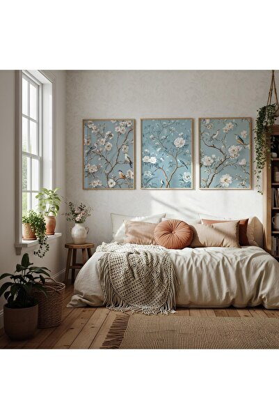 woodhomeworks Wooden Framed 3-Panel Painting Soft Blue Tones Qmrc