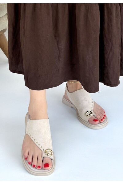 lucistep Oliwa Beige Suede Flip Flop Sandals