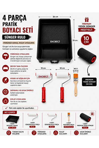 ehobici 4 Parça Pratik Boyacı Seti Sünger Rulo - Premium Yedek Sünger Hediyeli