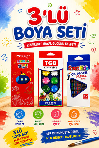 Bilge Kitabevi 3-Piece Paint Set (12-Piece Dry Paint-Watercolor-Pastel Paint)