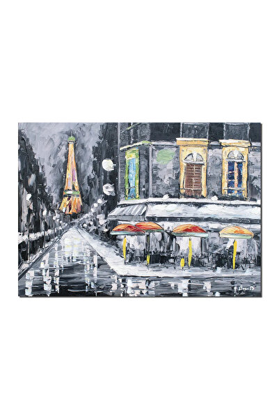 artnova Ръчно рисувана картина на Париж, Айфелова кула през нощта, 70x50см ма...