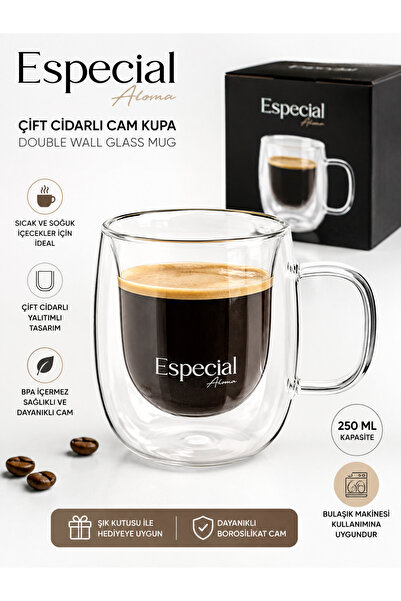 kumkumticaret Especial Aroma Double Wall Glass Mug 250 ml Borosilicate Heat R...