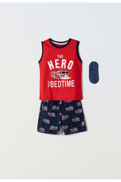 hashtag Πυτζάμα με μάσκα ύπνου αγόρι "Hero of bedtime" κόκκινο