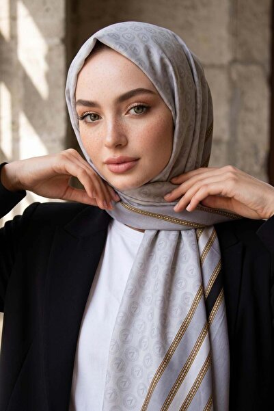 Vissona %100 Saf İpek Şal İnce Saten Vual Dokuma Monogram Ve Şerit Desenli 90...