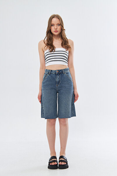 cracpot Side Pocket Detailed Blue Tint Washed Denim Jeans Shorts Wide Cut Bag...