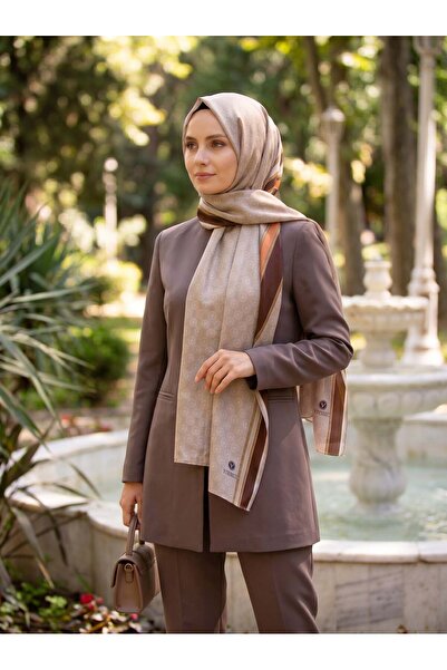 Vissona %100 Saf İpek Şal İnce Saten Vual Dokuma Monogram Ve Şerit Desenli 90...