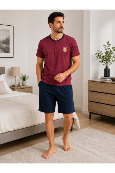 FALKOM Pijamale bărbătești Bordo și Albastru Marin – 100% Bumbac, Tricou cu n...