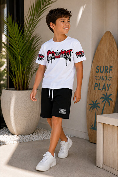 zepkids Boy's Shorts Set Printed Short Sleeve White Summer Children's Set wit...