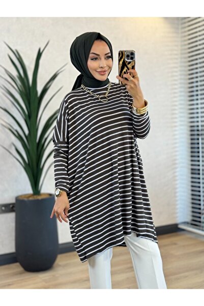 Afili 0723 Wide Striped Tunic Khaki