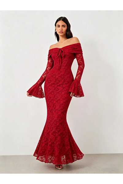 Take Two By Styli Red Lace Off Shoulder Mermaid Gown Maxi Dress