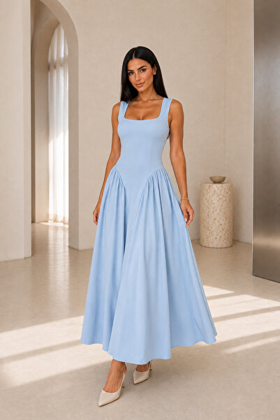 1434 Polo State Women's Blue Square Neck Low Waist Gathered Long Dress