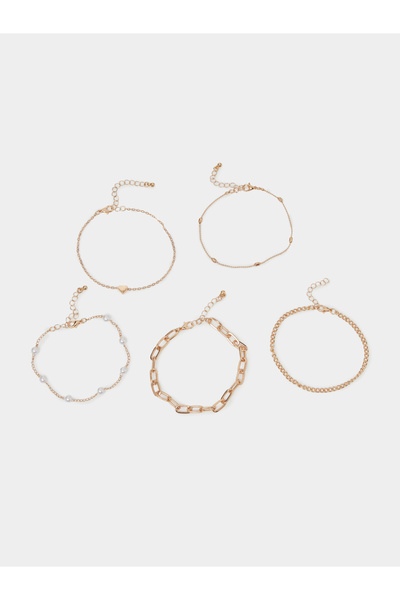 Styli Pack of 5 - Gold Tone Heart and Pearls Embellished Anklet