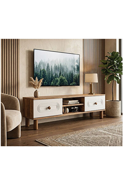 Mavi Koltuk Döşeme Mercan Bohem TV Sehpası 140x35x44 cm Atlantik Çam Beyaz Kurulu Suntalam Modern TV Ünitesi