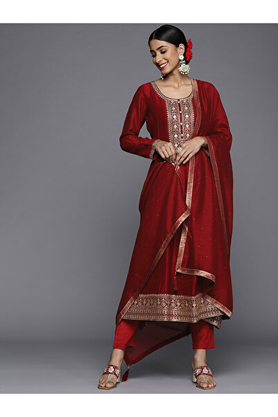 Libas By Styli Maroon Embroidered Silk Blend Anarkali Kurta, Churidar and Dup...