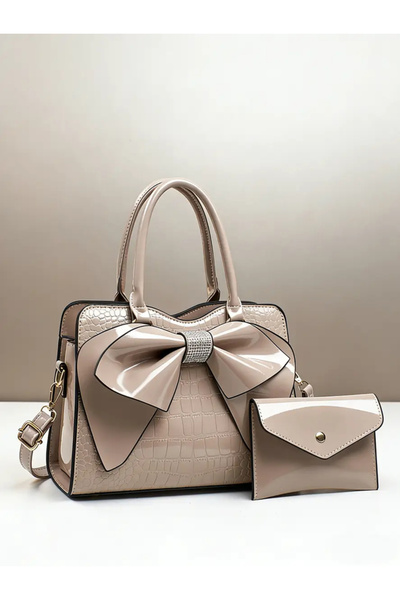 Take Two By Styli Beige Croc-Embossed Bow Handbag with Purse
