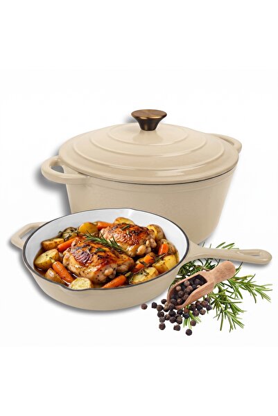 HAGE Set oală de 26 cm cu capac emailat, crem, pentru inducție