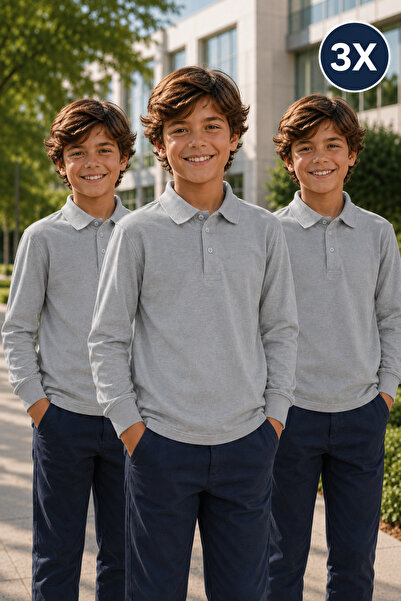 Yalçınoğlu Kids Pachet de 3 tricouri școlare premium cu guler polo, 100% bumb...
