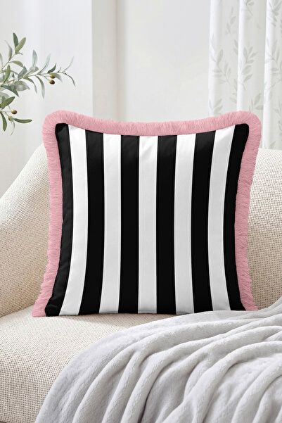 Realhomes Black and White Vertical Stripes Modern Patterned Fringed Throw Pil...