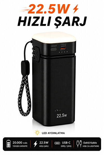 RAYLAX 20000 mAh 22.5W Hızlı Şarjlı Powerbank Dahili USB-C Lightning Kablolu LED Göstergeli Taşınabilir Şarj Cihazı