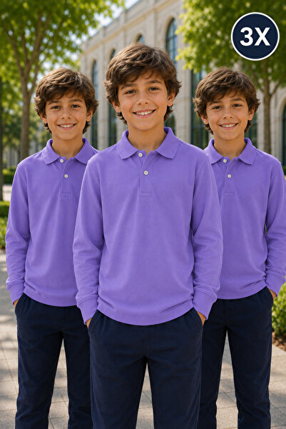 Yalçınoğlu Kids Pachet de 3 tricouri școlare premium cu guler polo, 100% bumb...