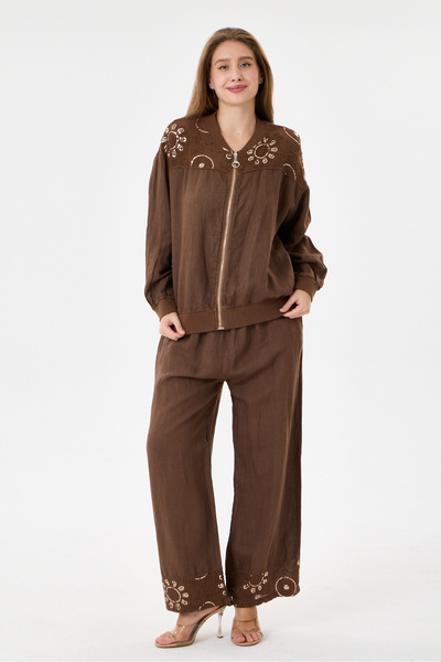 della moor Women's Cocoa Italian 100% Linen Mesh Sequin Embroidered Zippered ...