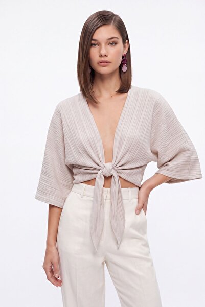 cemo Önü Bağlamalı Yarasa Kol Crop Bolero Bluz